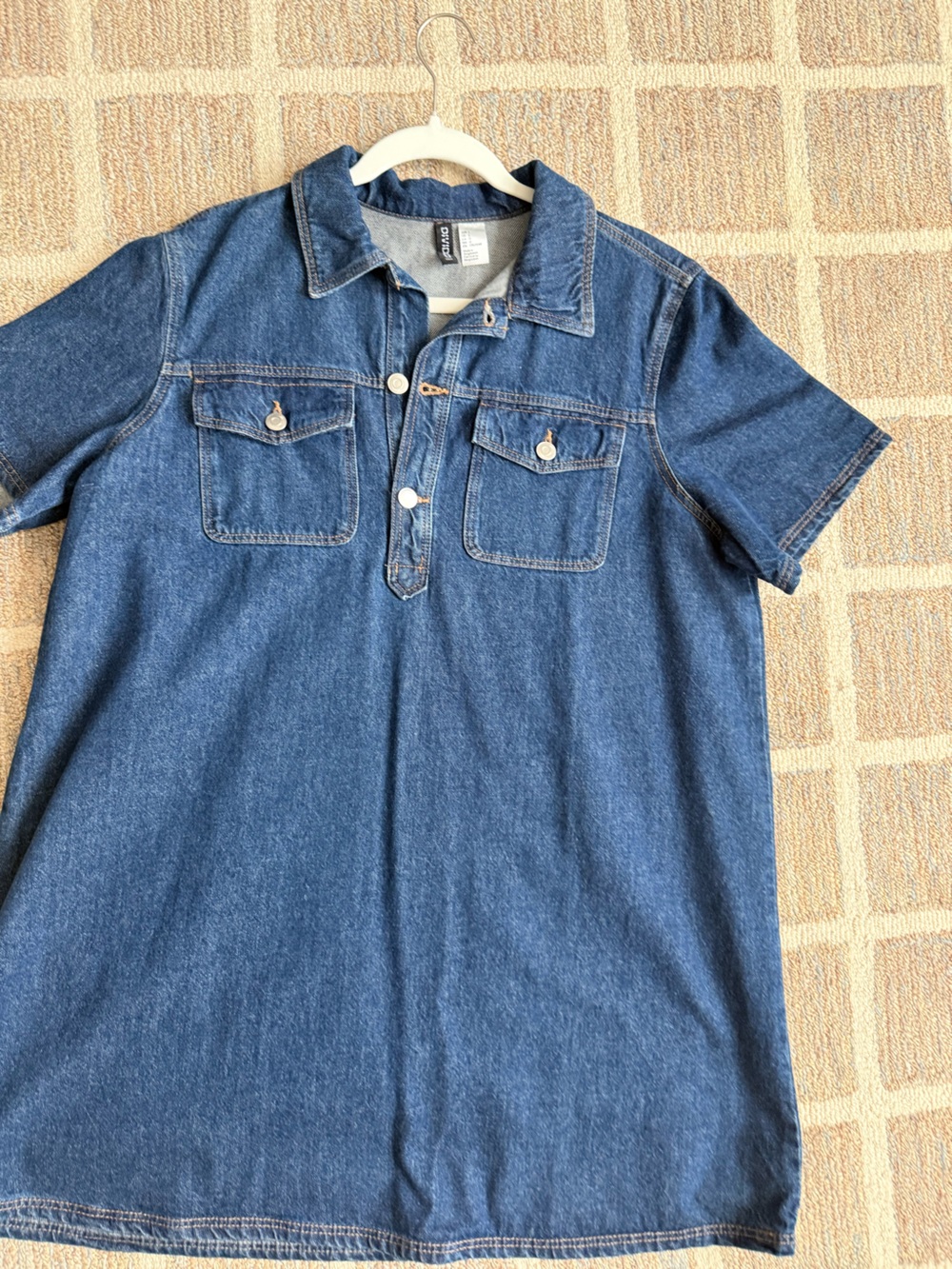 H&M Denim Short-Sleeve Collared Dress in Blue